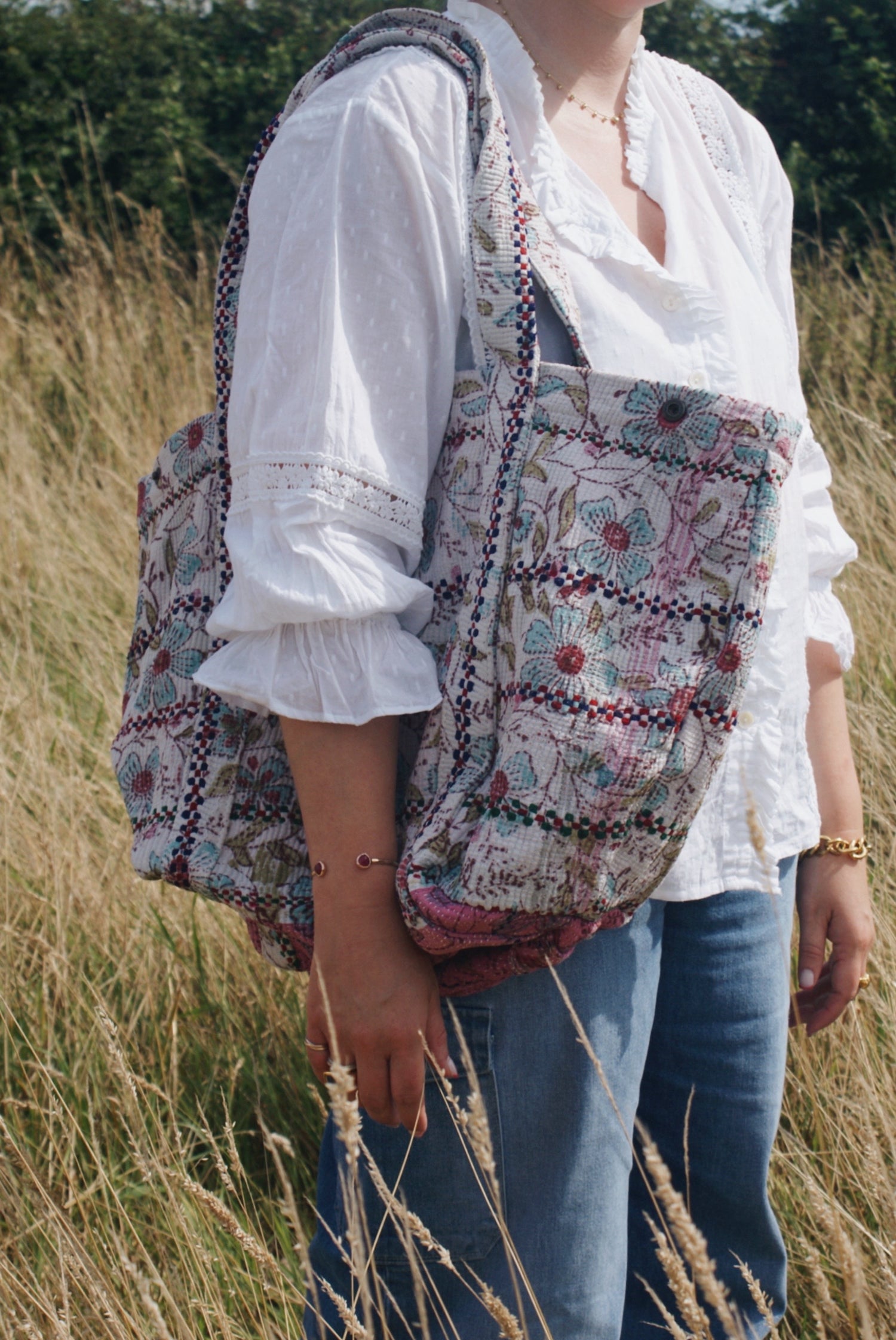 Blue Flower Kantha Handbag