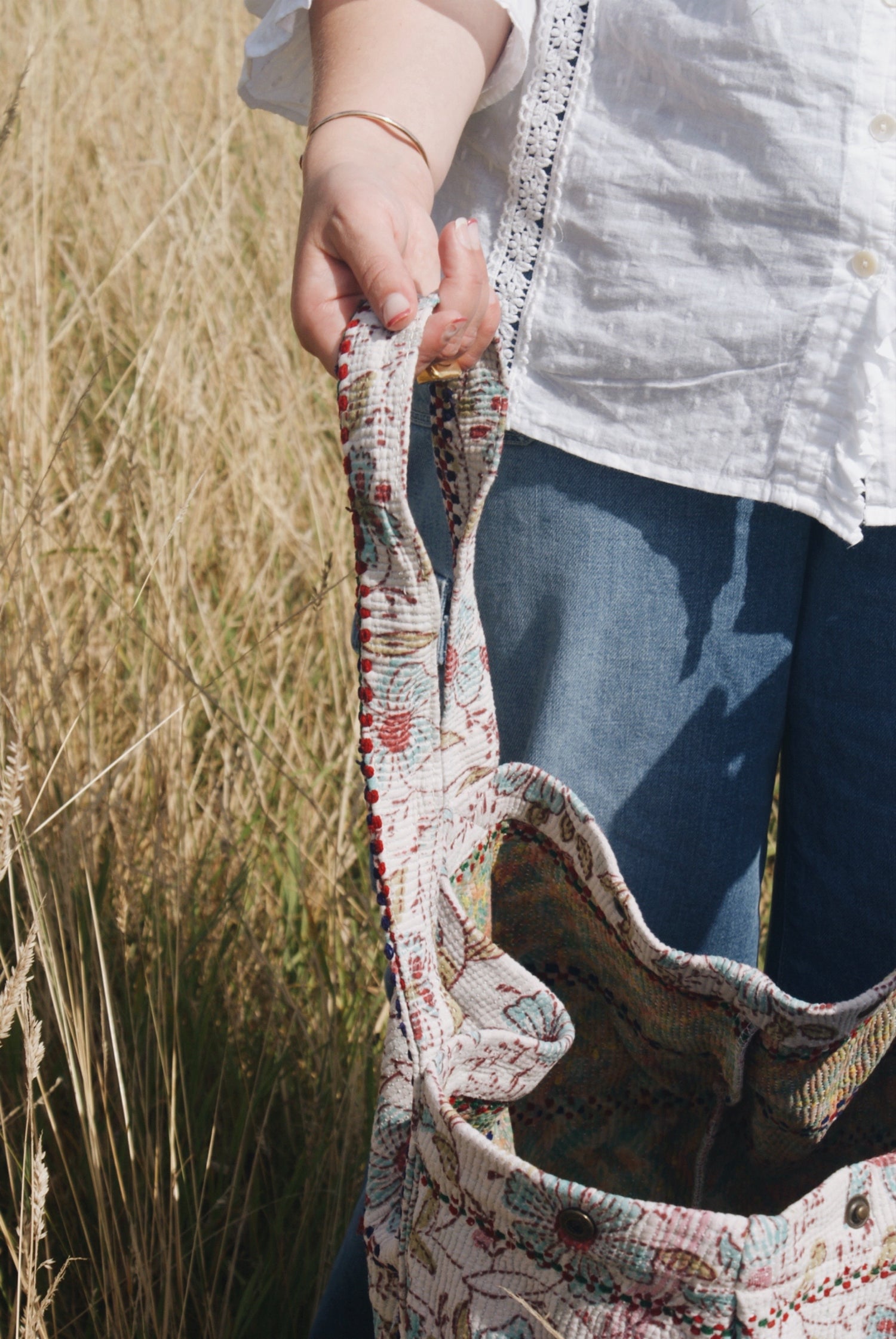 Blue Flower Kantha Handbag