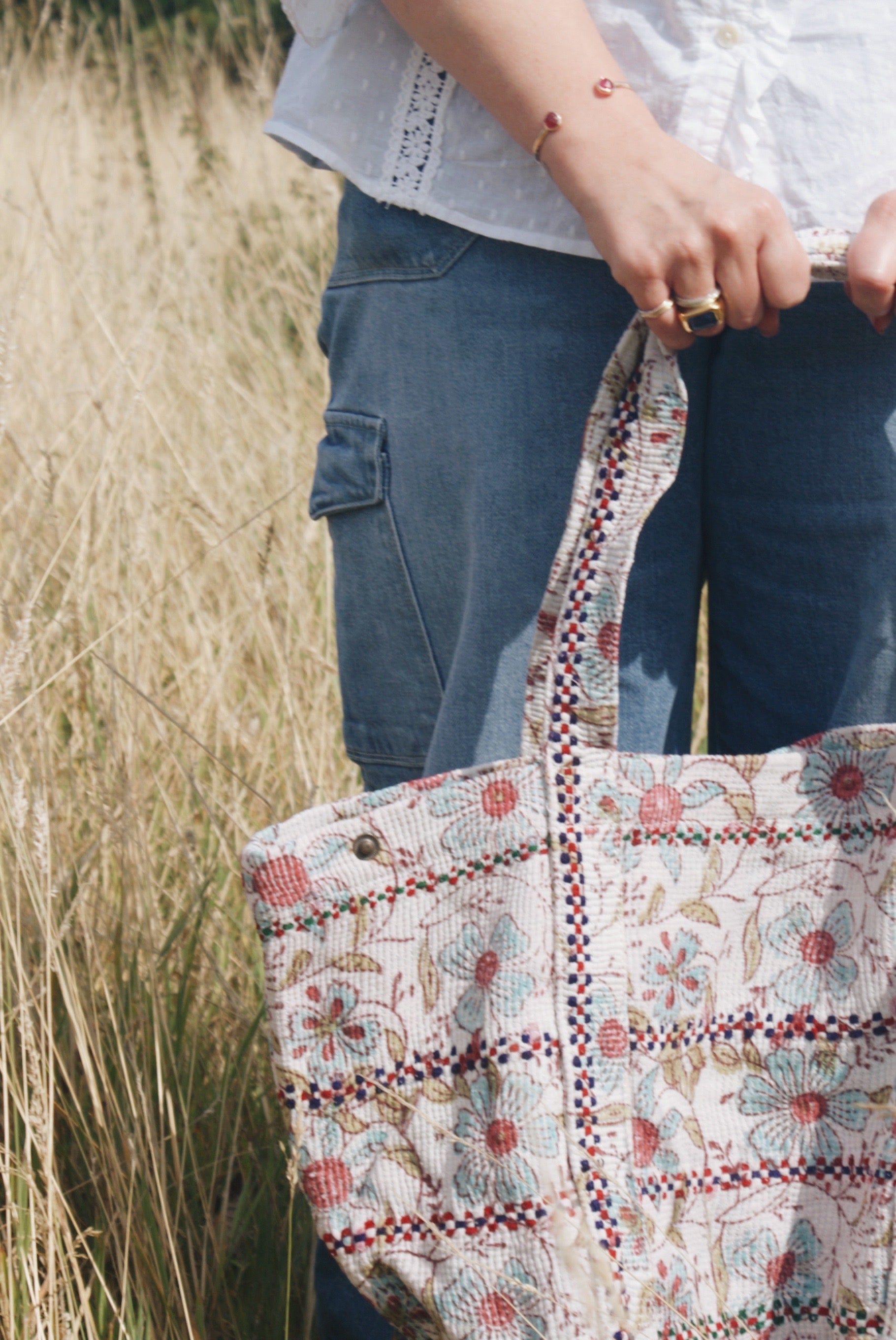 Blue Flower Kantha Handbag