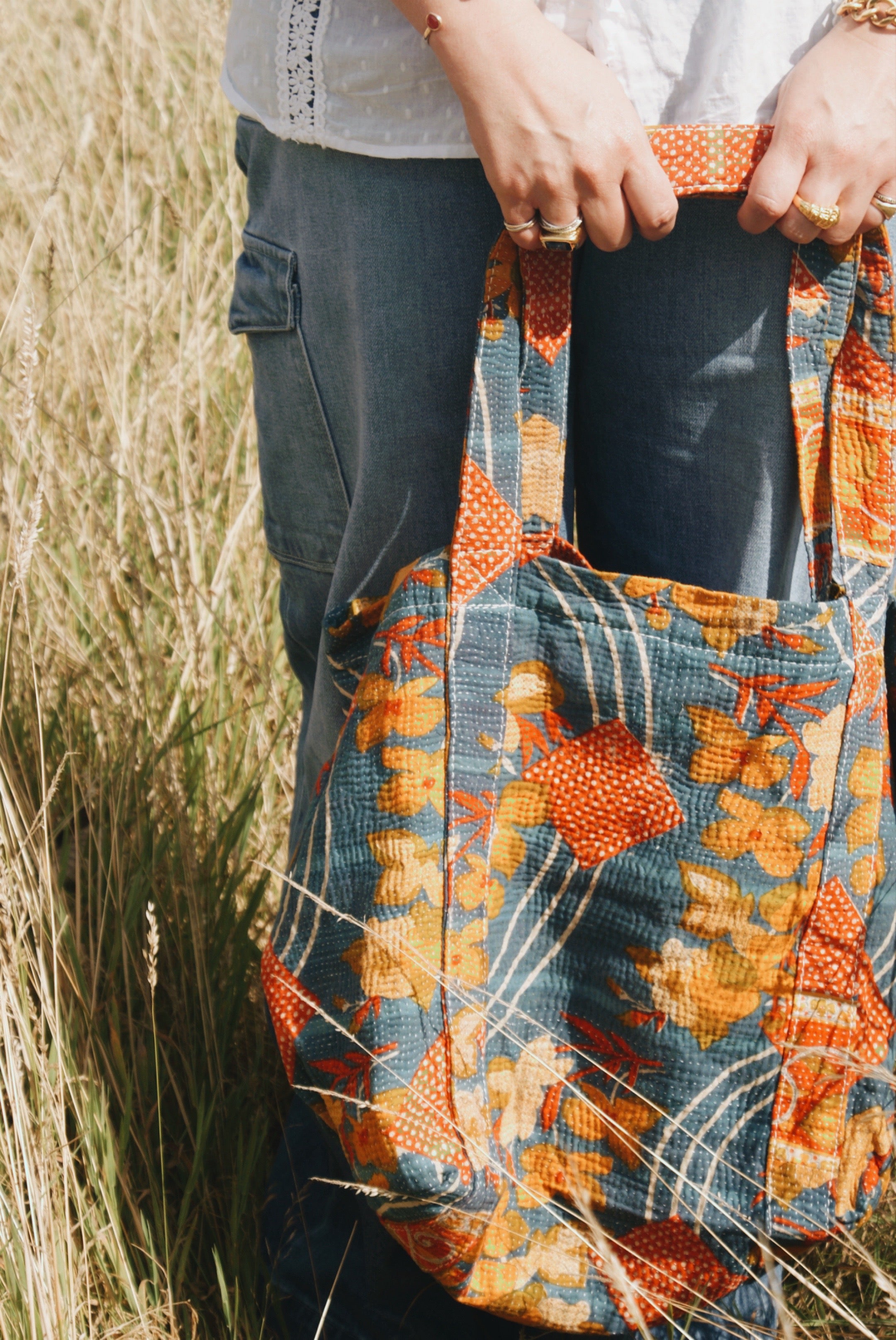 Orange Flower Kantha Handbag