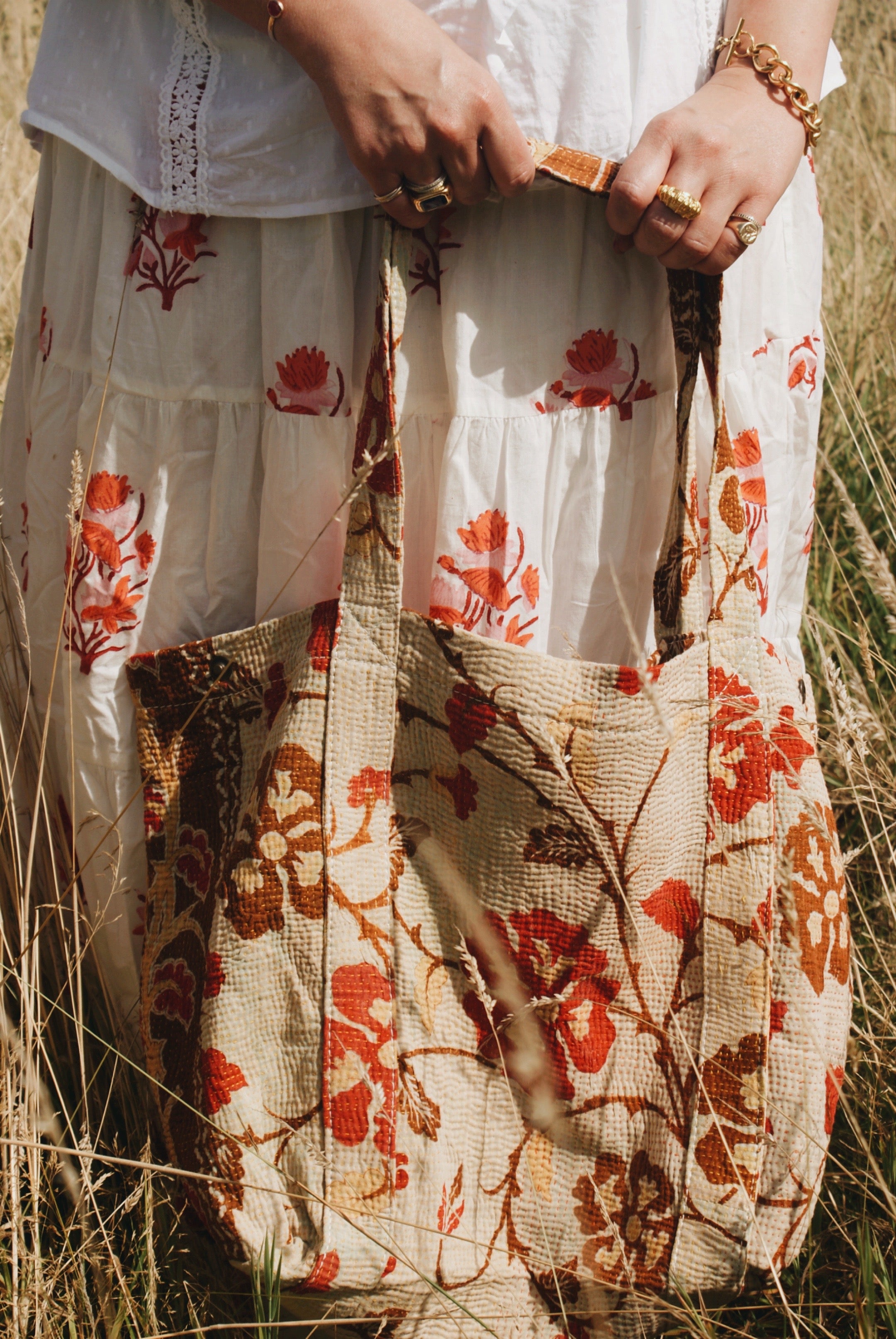 Red and Brown Kantha Handbag