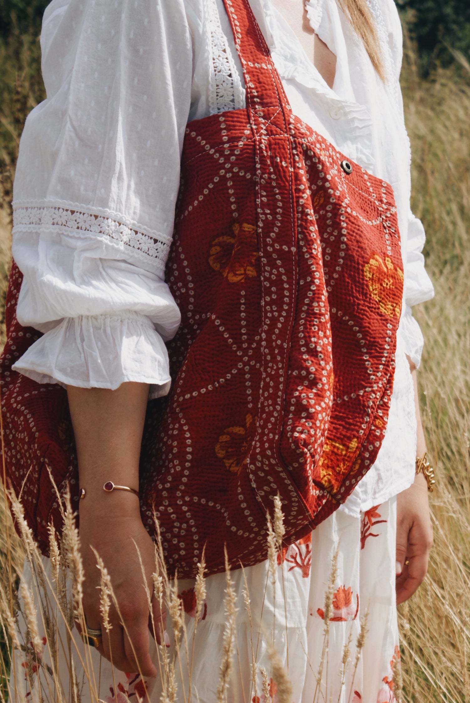 Orange &amp; Red Kantha Handbag