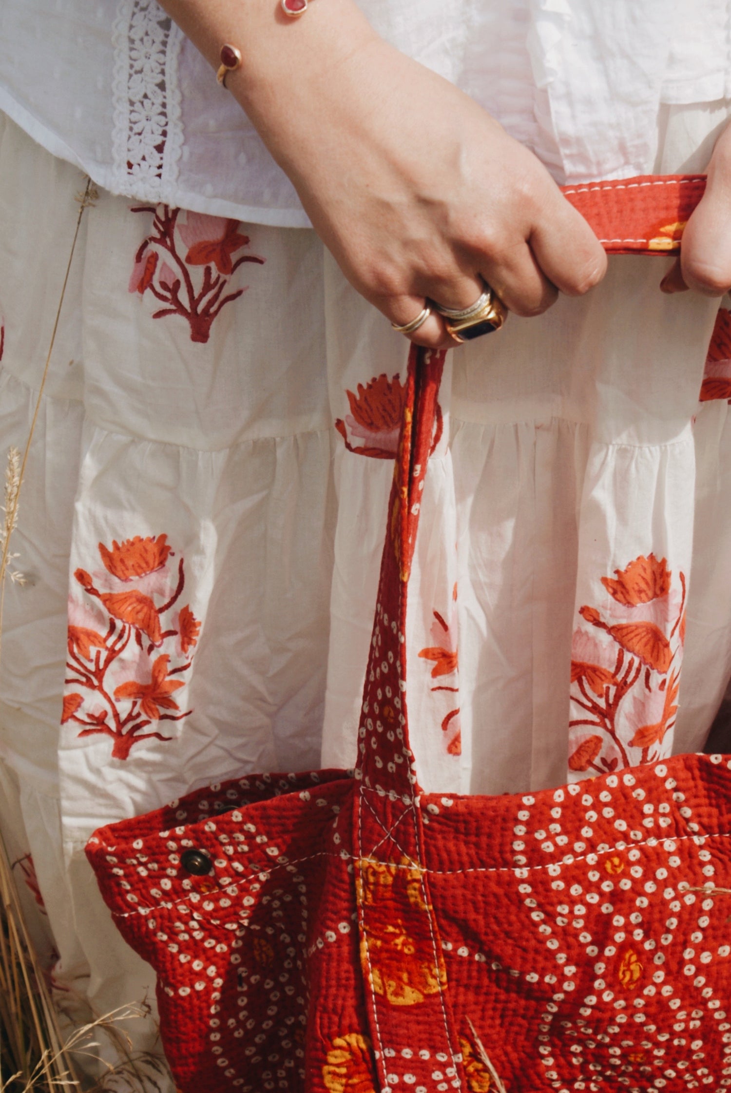 Orange &amp; Red Kantha Handbag