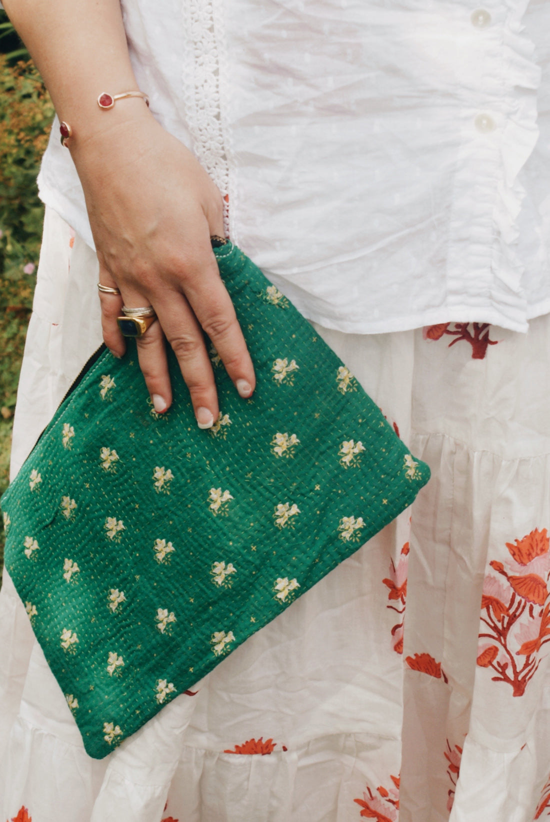 Green Kantha Pouch