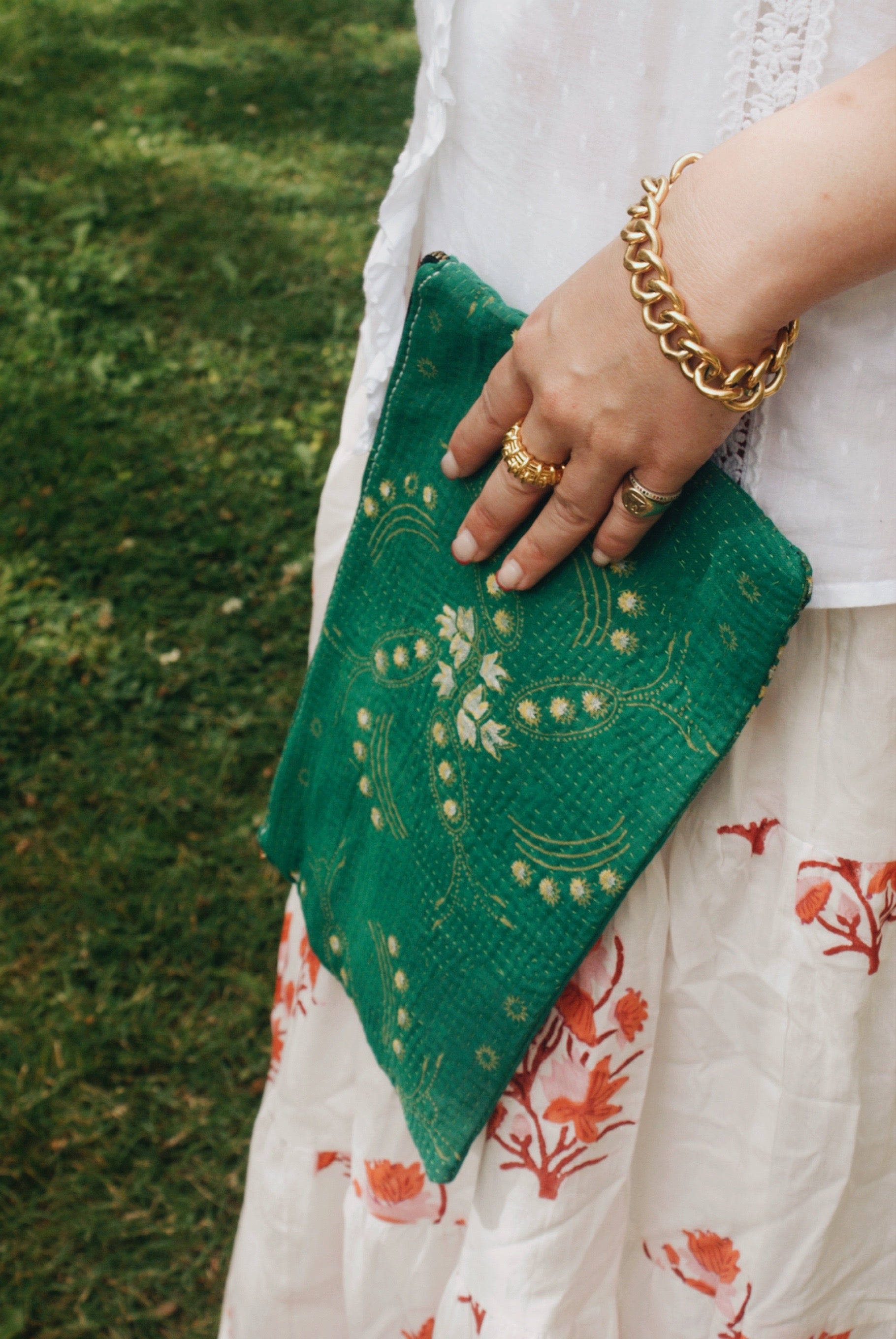 Green Kantha Pouch