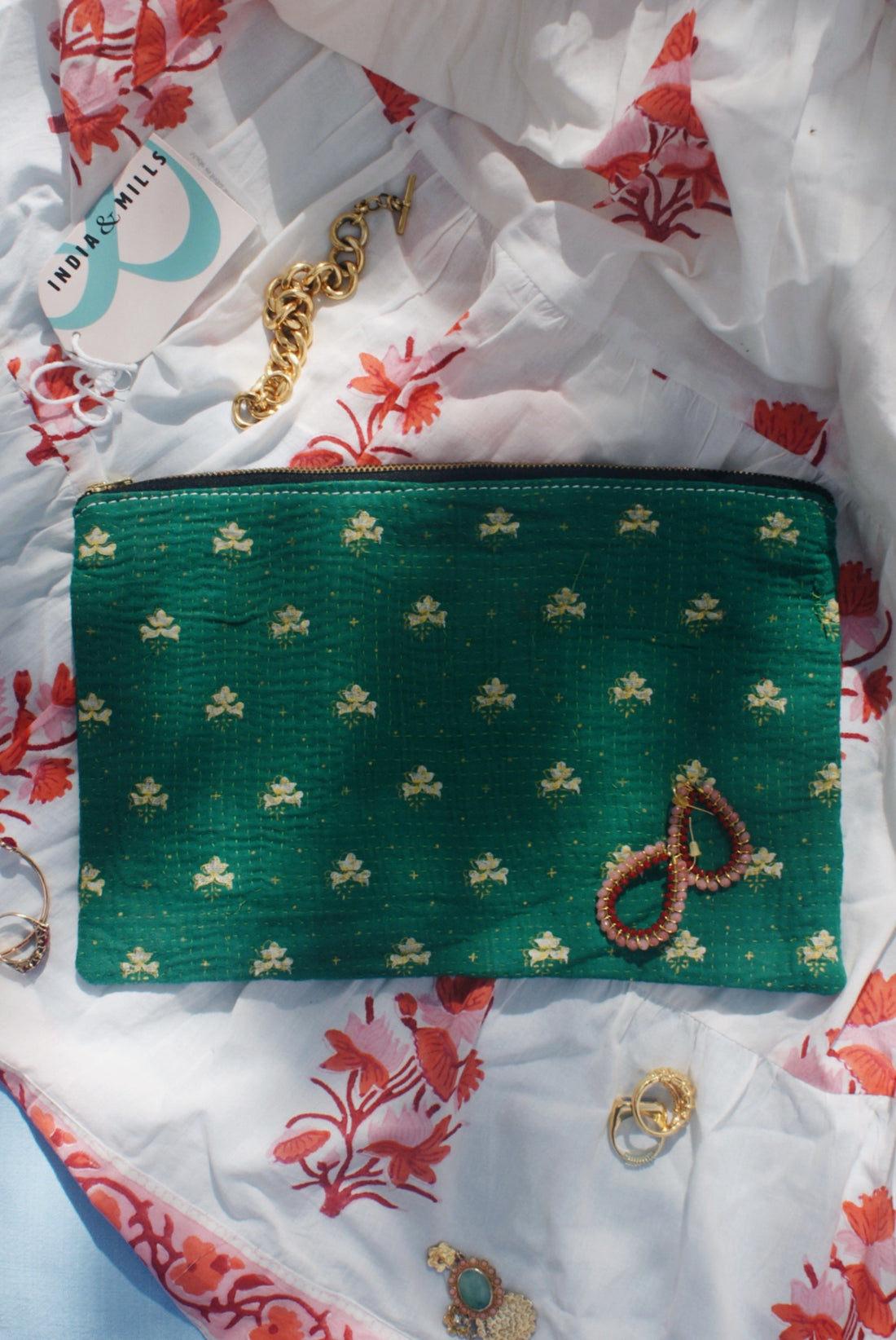 Green Kantha Pouch