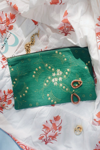 Green Kantha Pouch