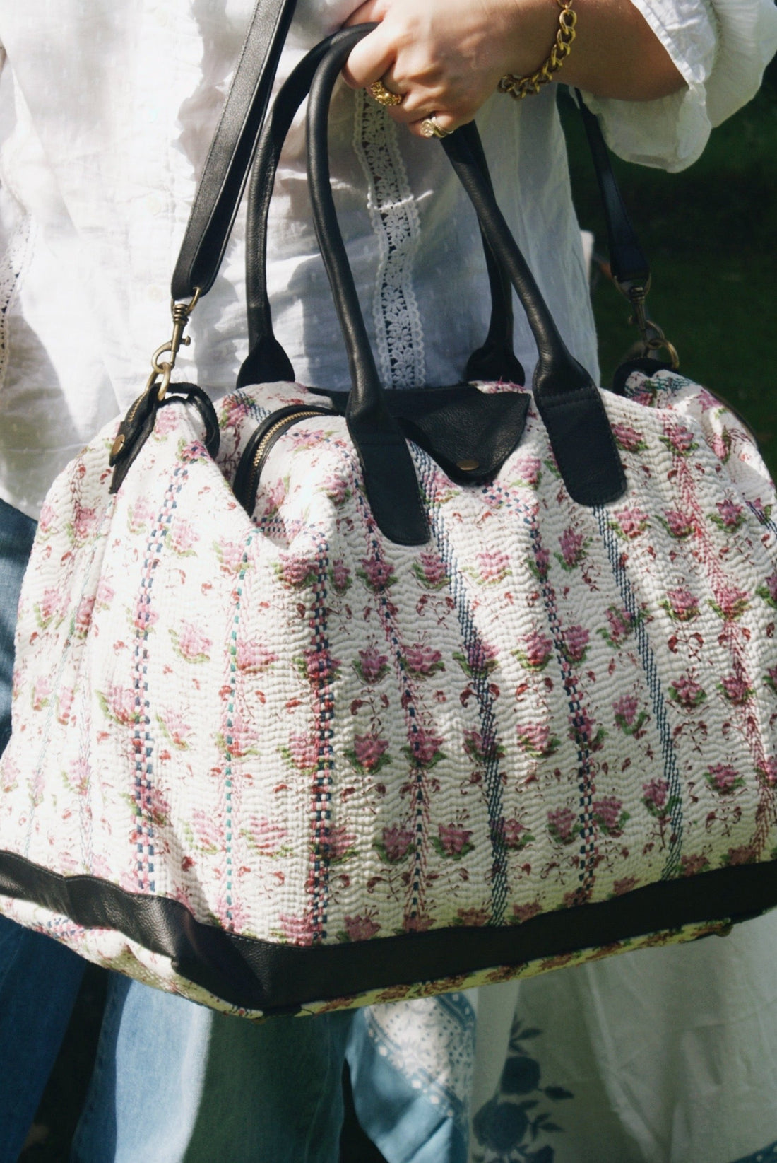 Pink Flower Kantha Weekend Bag